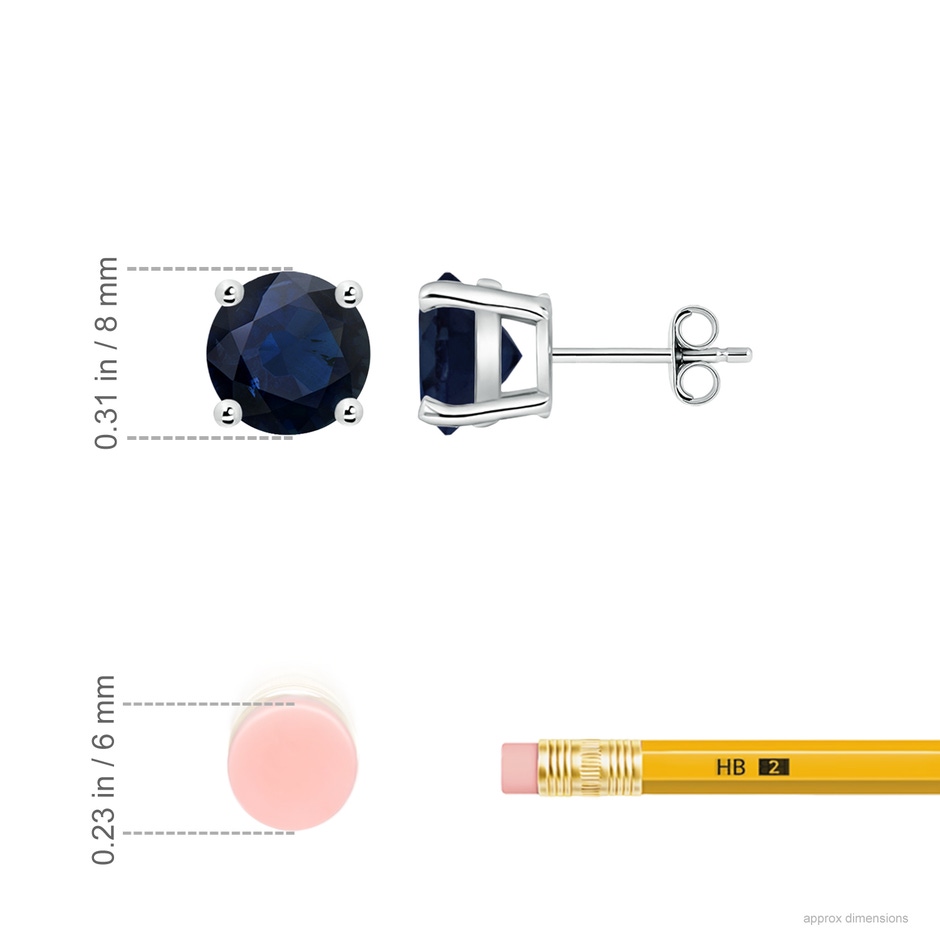 8mm A Round Blue Sapphire Stud Earrings in White Gold ruler