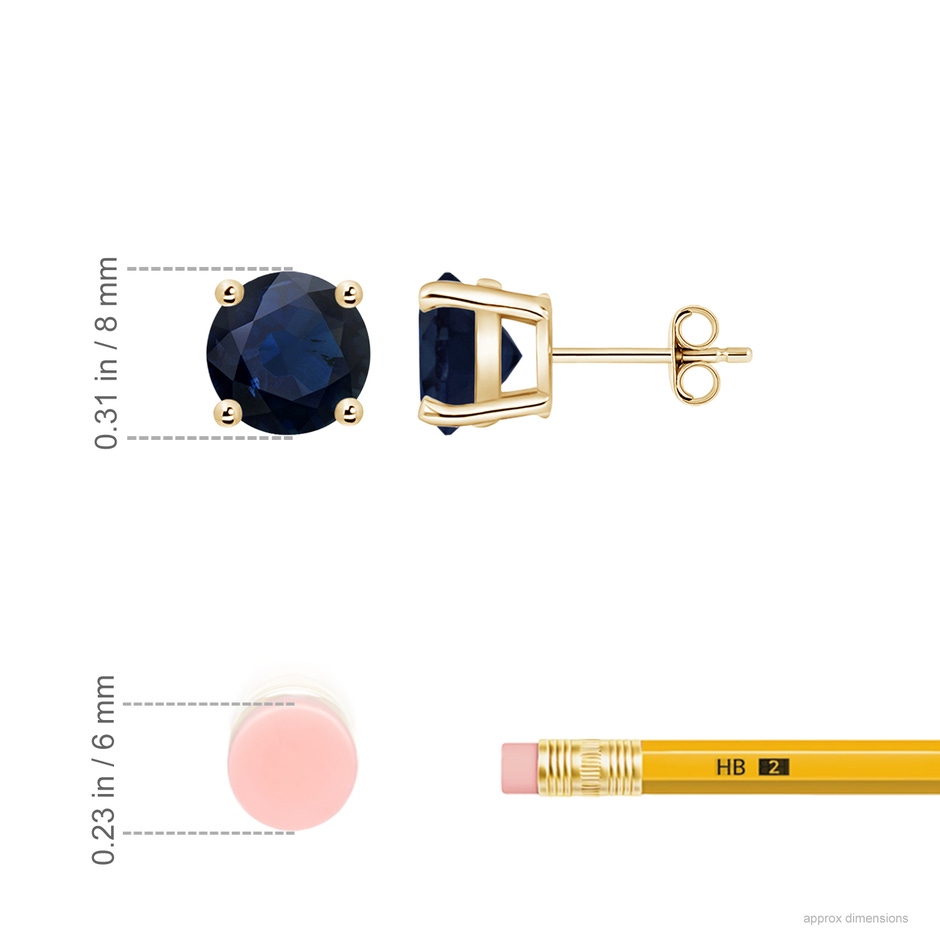 8mm A Round Blue Sapphire Stud Earrings in Yellow Gold ruler
