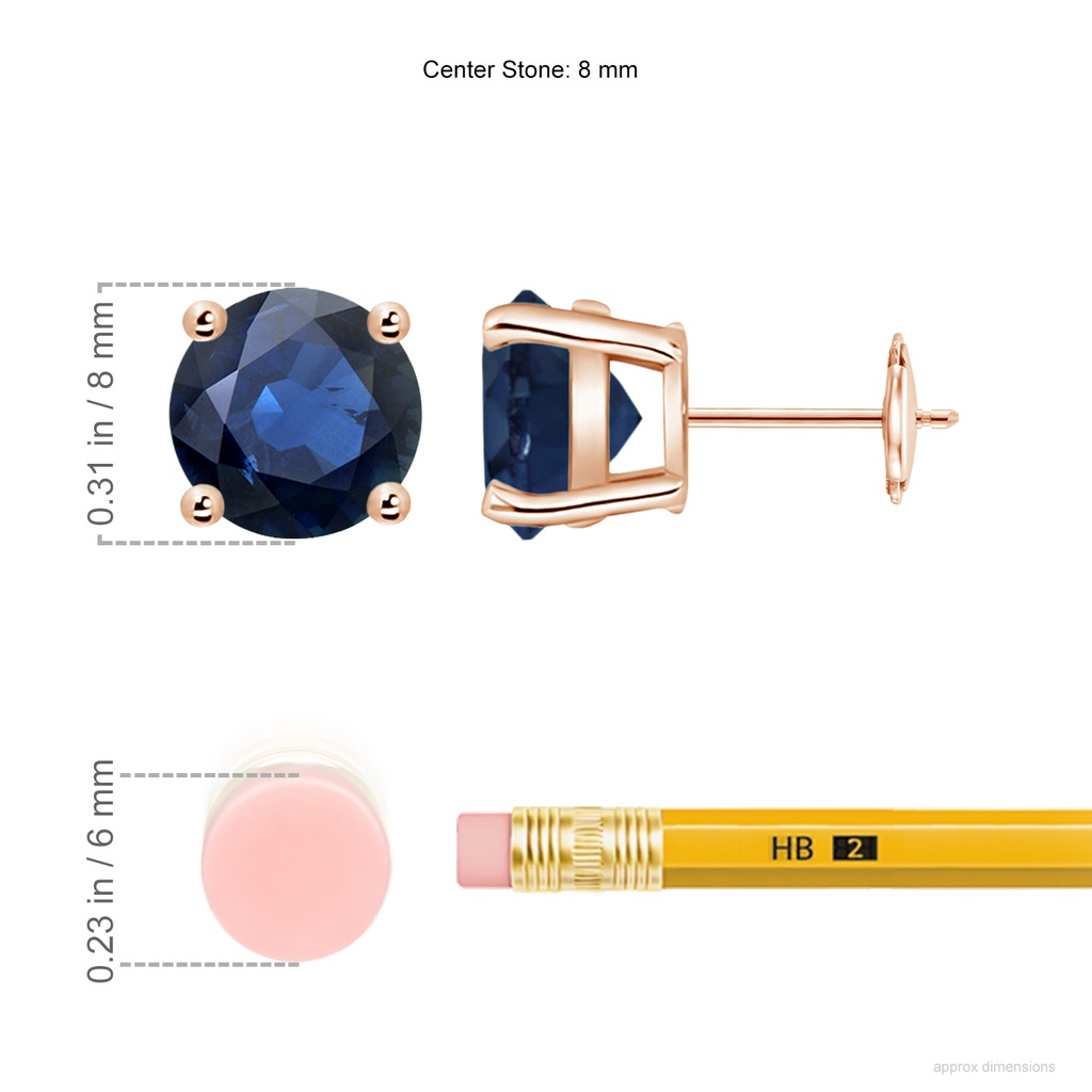 8mm AA Round Blue Sapphire Stud Earrings in Rose Gold ruler