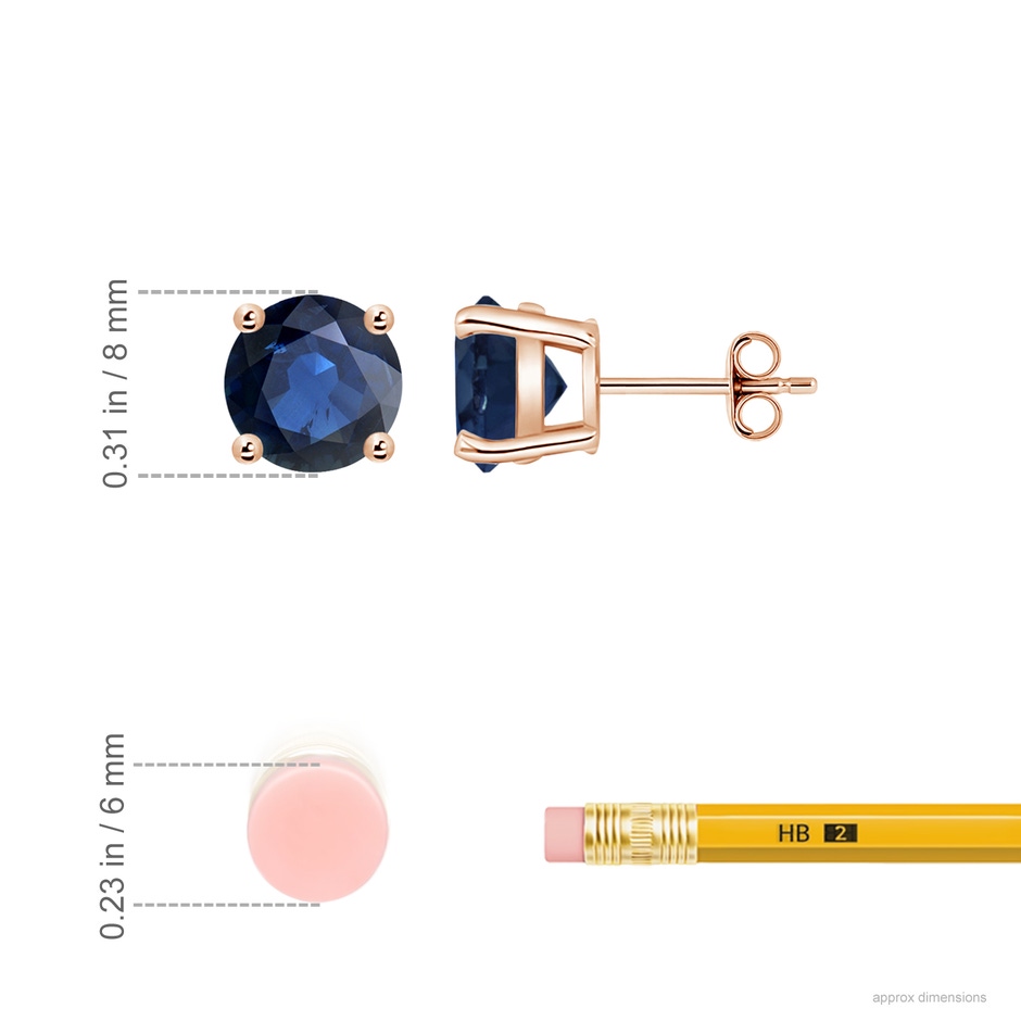 8mm AA Round Blue Sapphire Stud Earrings in Rose Gold ruler