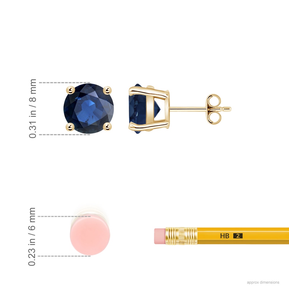 8mm AA Round Blue Sapphire Stud Earrings in Yellow Gold ruler
