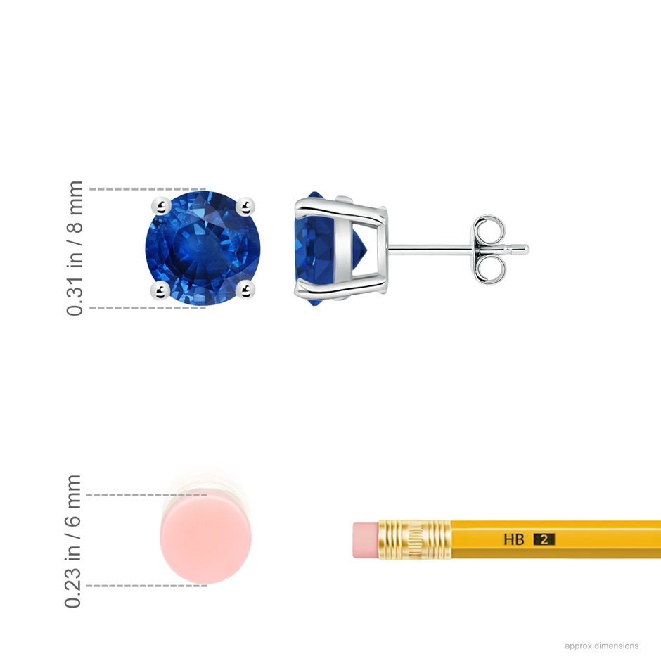 8mm AAA Round Blue Sapphire Stud Earrings in P950 Platinum ruler