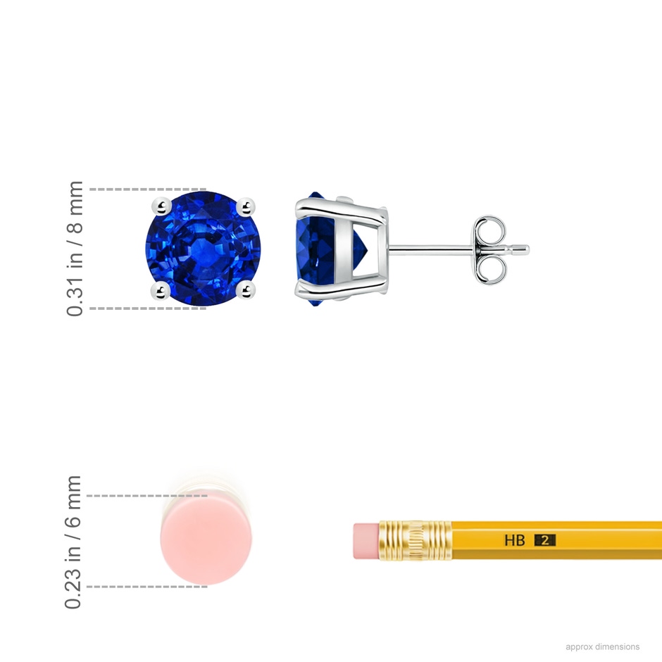 8mm AAAA Round Blue Sapphire Stud Earrings in P950 Platinum ruler