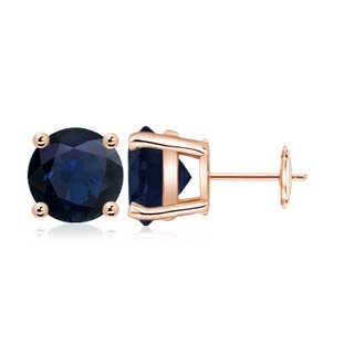 9mm A Round Blue Sapphire Stud Earrings in Rose Gold