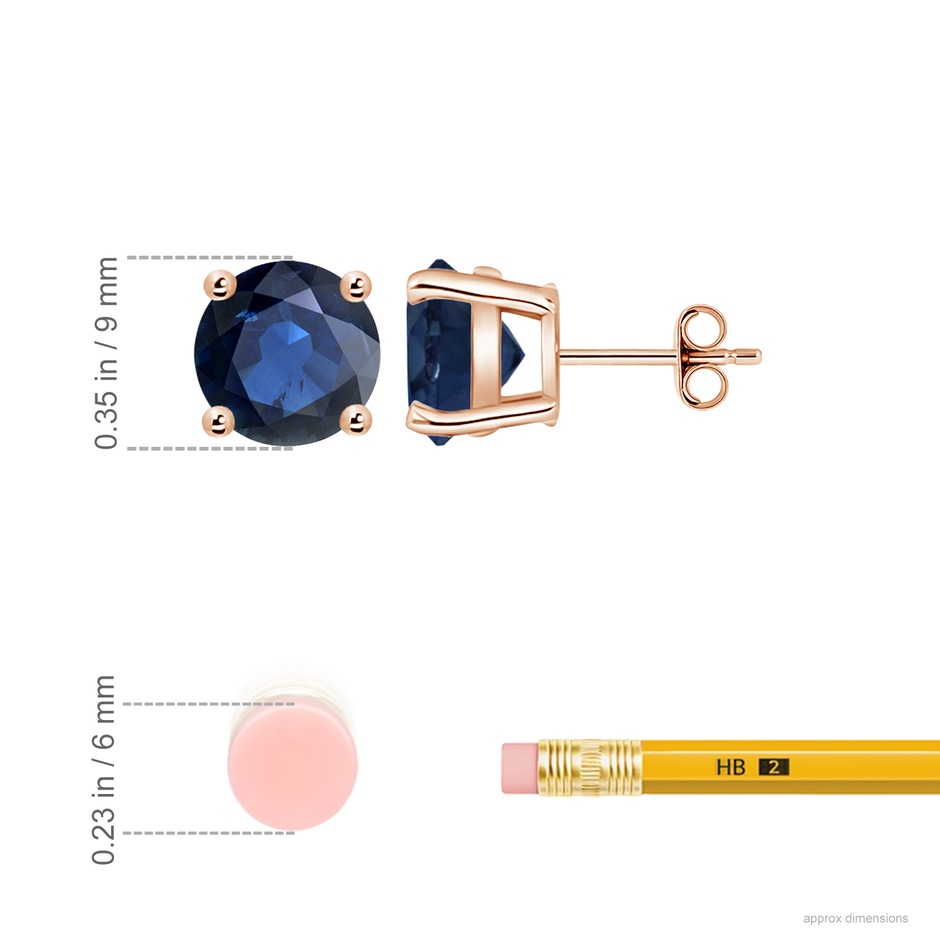 9mm AA Round Blue Sapphire Stud Earrings in Rose Gold ruler