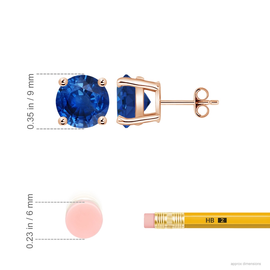 9mm AAA Round Blue Sapphire Stud Earrings in Rose Gold ruler