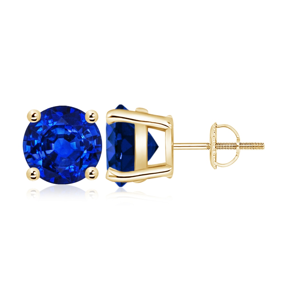 9mm AAAA Round Blue Sapphire Stud Earrings in 9K Yellow Gold