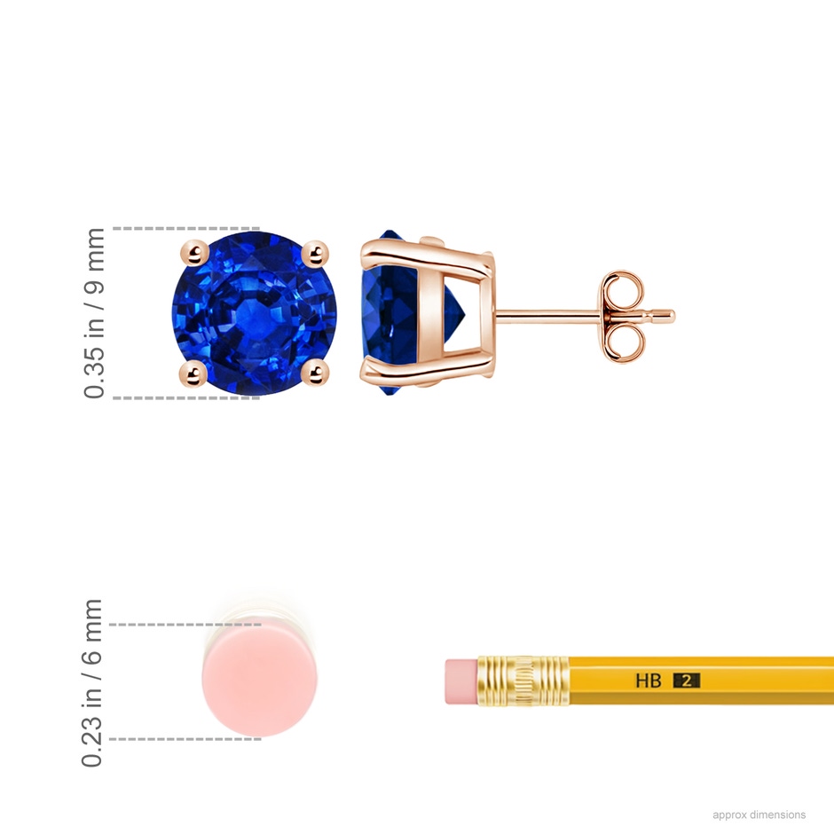 9mm AAAA Round Blue Sapphire Stud Earrings in Rose Gold ruler