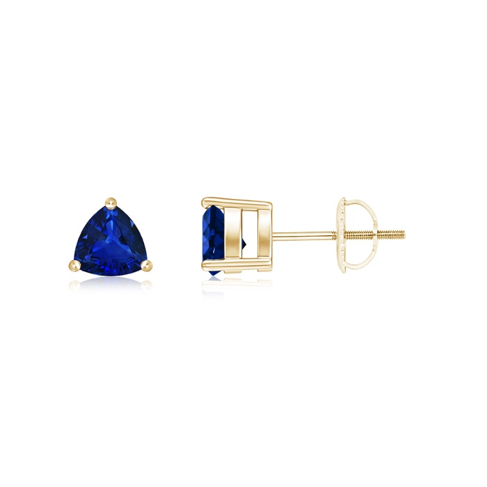 6mm AAAA Prong-Set Trillion Blue Sapphire Stud Earrings in Yellow Gold