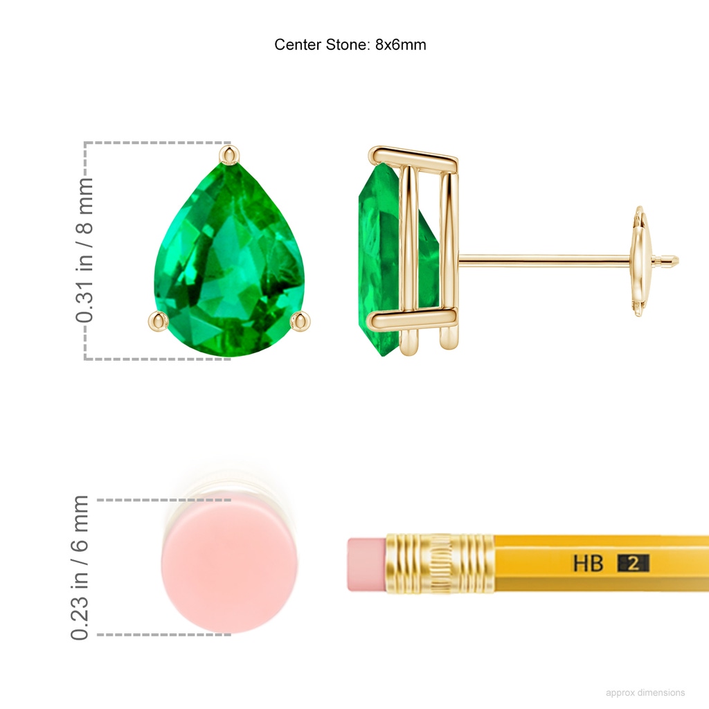 8x6mm AAA Pear-Shaped Emerald Stud Earrings in Yellow Gold ruler