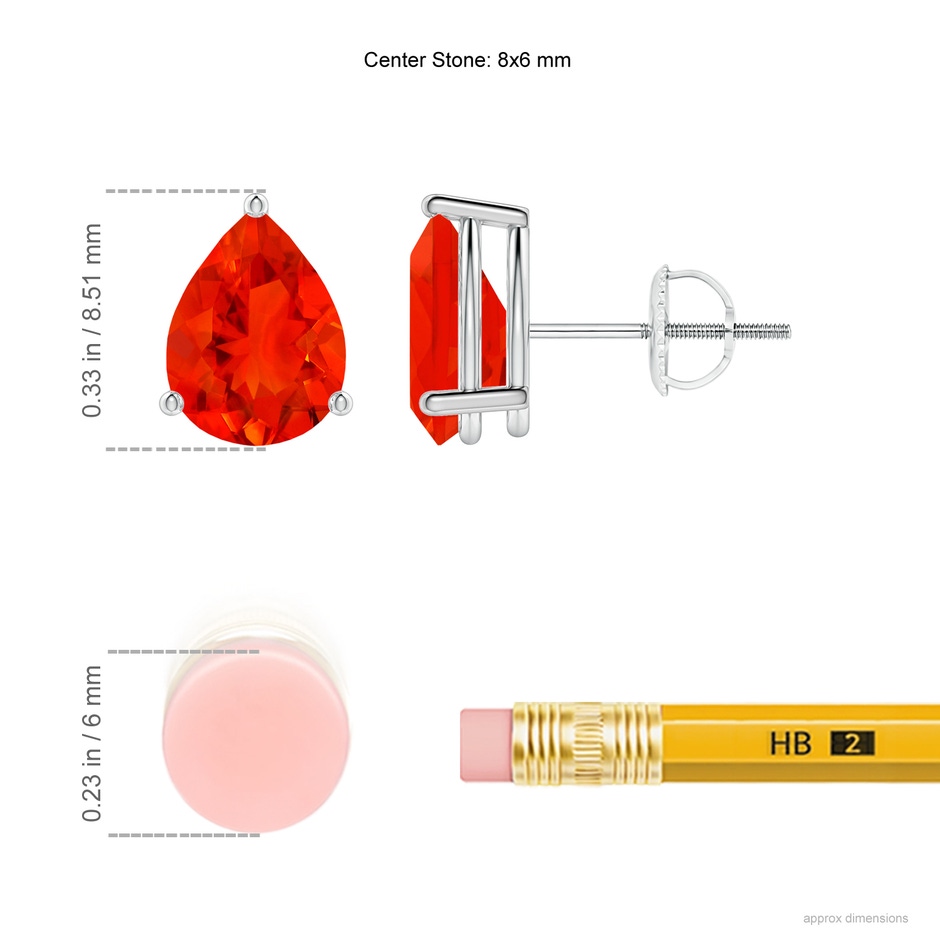 8x6mm AAAA Pear-Shaped Fire Opal Stud Earrings in P950 Platinum ruler