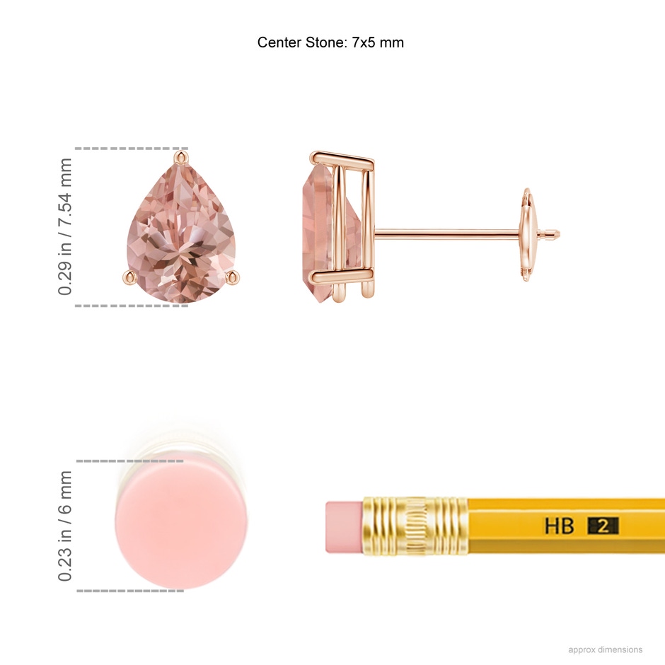 7x5mm AAAA Pear-Shaped Morganite Stud Earrings in 9K Rose Gold ruler