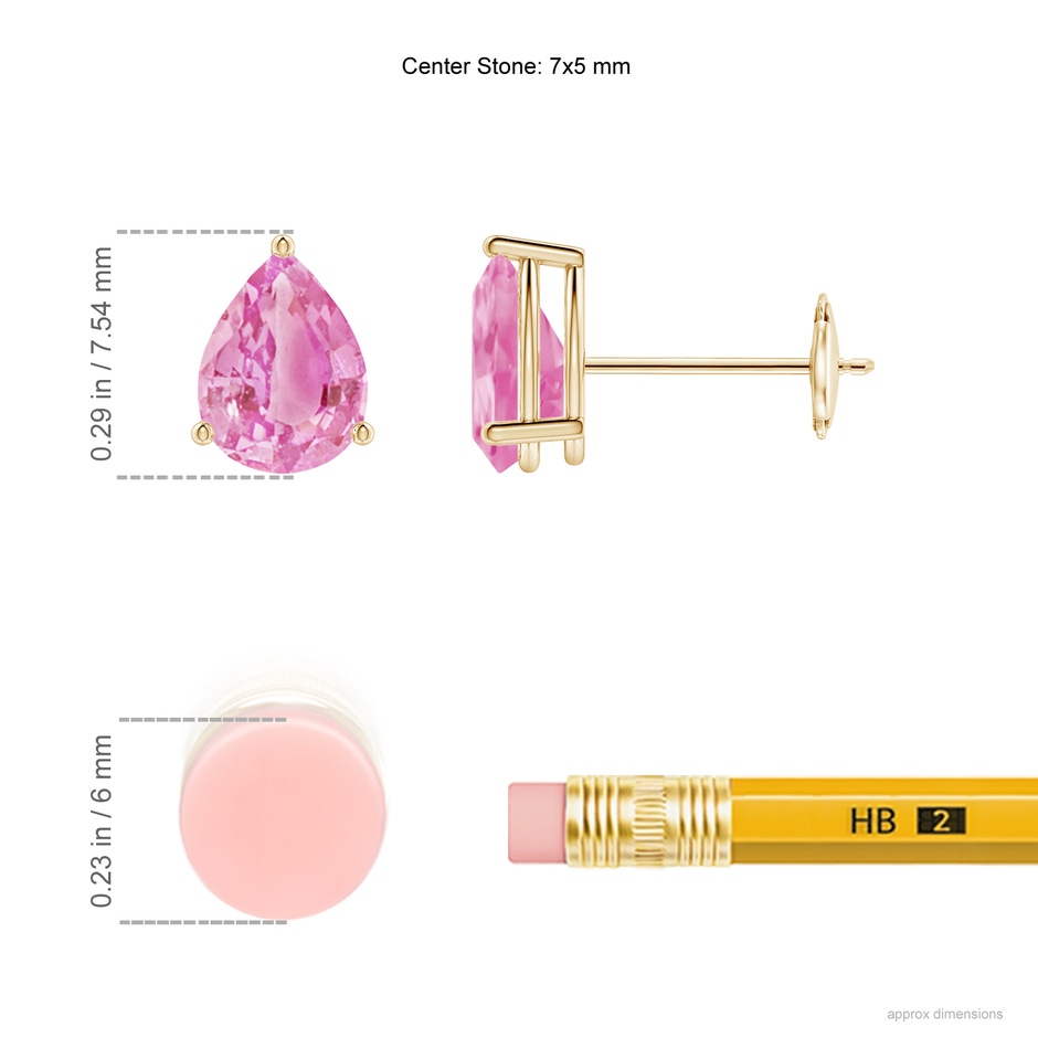 7x5mm A Pear-Shaped Pink Sapphire Stud Earrings in Yellow Gold ruler