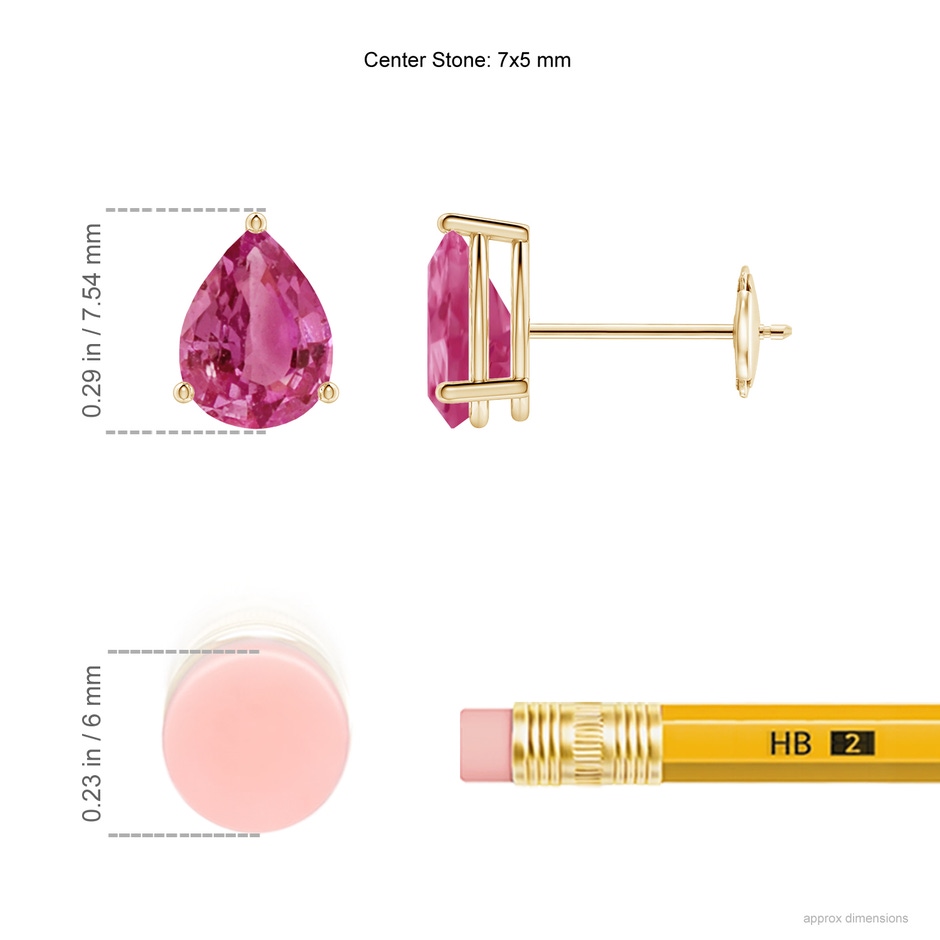 7x5mm AAAA Pear-Shaped Pink Sapphire Stud Earrings in Yellow Gold ruler