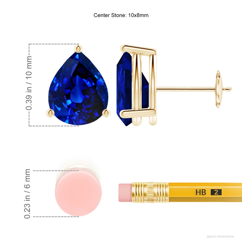 10x8mm Lab-Grown Pear-Shaped Blue Sapphire Stud Earrings in Yellow Gold ruler