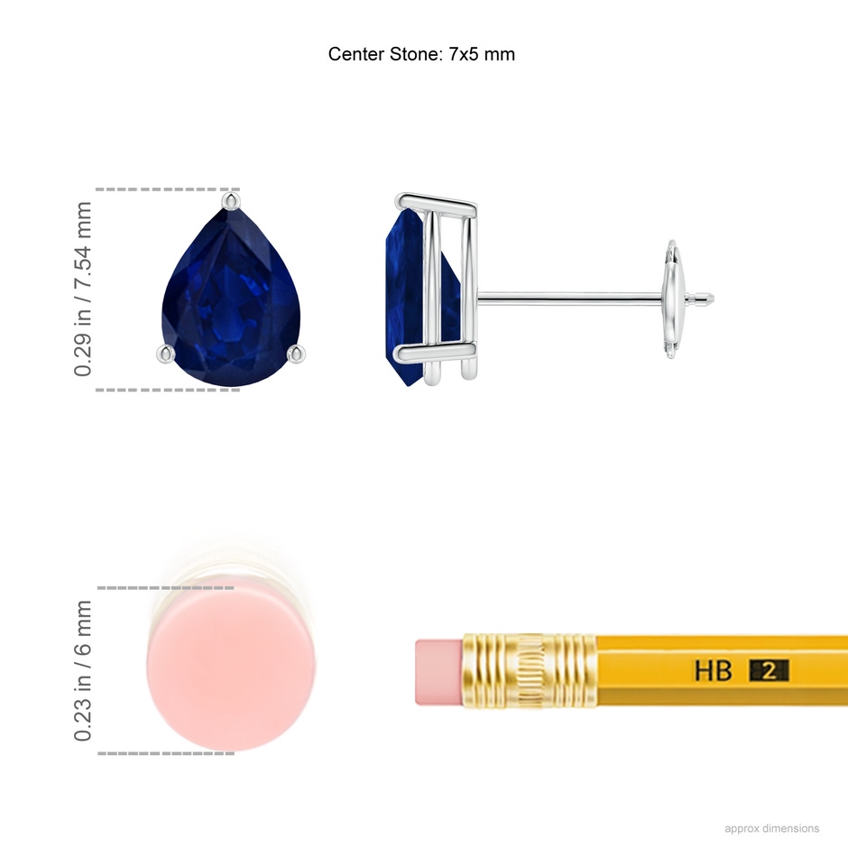 7x5mm AA Pear-Shaped Blue Sapphire Stud Earrings in White Gold ruler