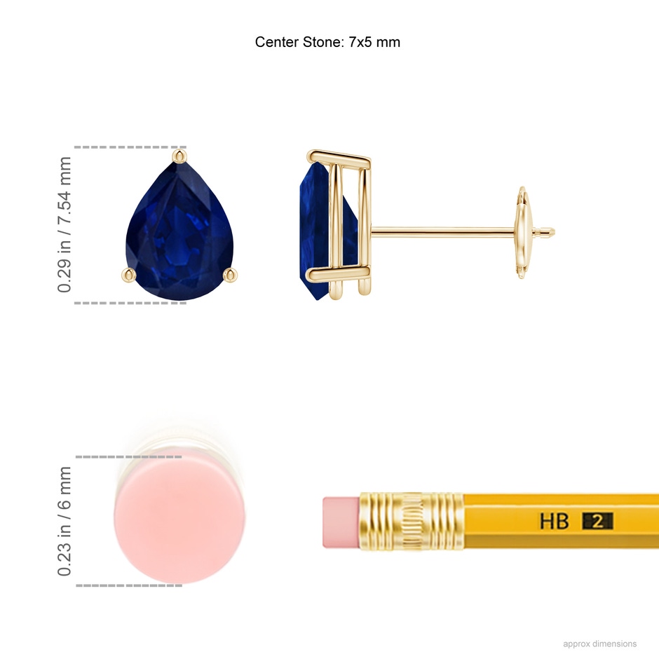 7x5mm AA Pear-Shaped Blue Sapphire Stud Earrings in Yellow Gold ruler