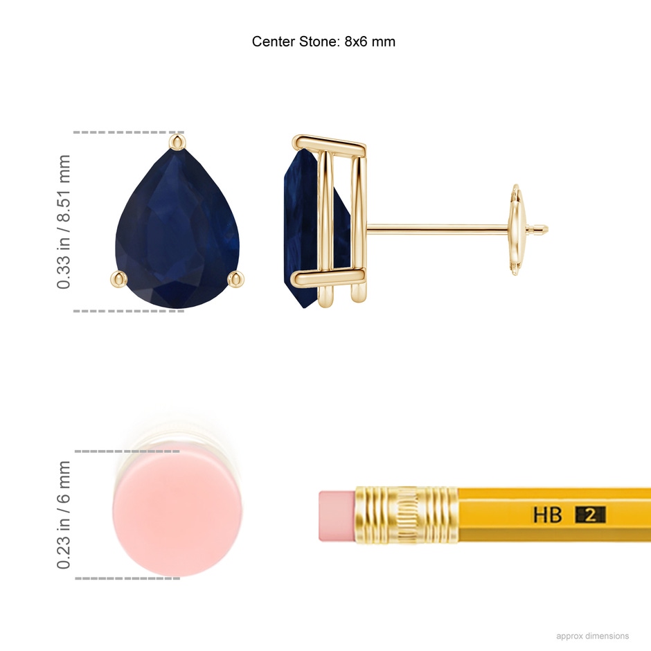 8x6mm A Pear-Shaped Blue Sapphire Stud Earrings in Yellow Gold ruler