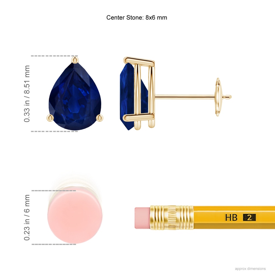8x6mm AA Pear-Shaped Blue Sapphire Stud Earrings in Yellow Gold ruler