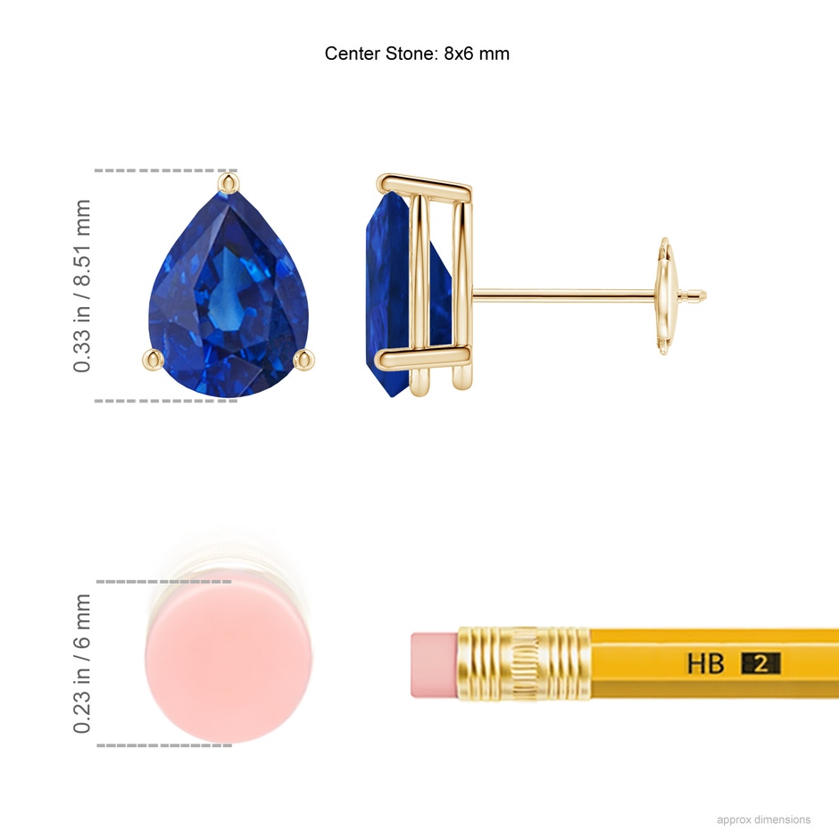 8x6mm AAA Pear-Shaped Blue Sapphire Stud Earrings in Yellow Gold ruler