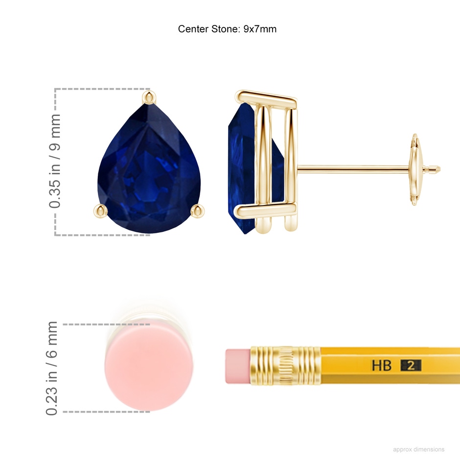 9x7mm AA Pear-Shaped Blue Sapphire Stud Earrings in Yellow Gold ruler