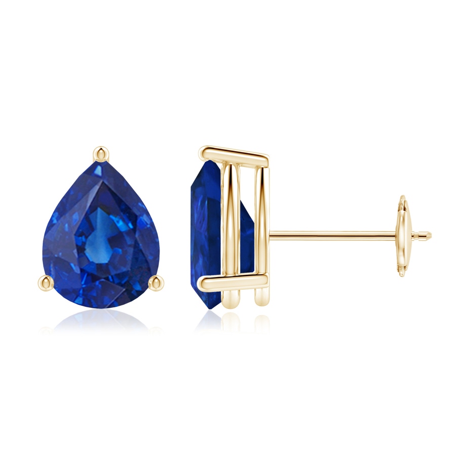 9x7mm AAA Pear-Shaped Blue Sapphire Stud Earrings in Yellow Gold 