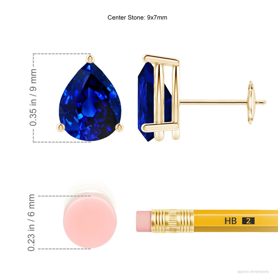 9x7mm AAAA Pear-Shaped Blue Sapphire Stud Earrings in Yellow Gold ruler