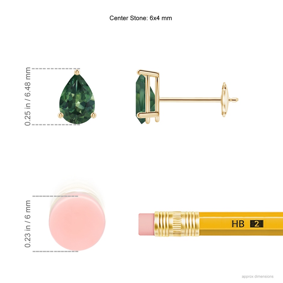6x4mm AA Pear-Shaped Teal Montana Sapphire Stud Earrings in Yellow Gold ruler