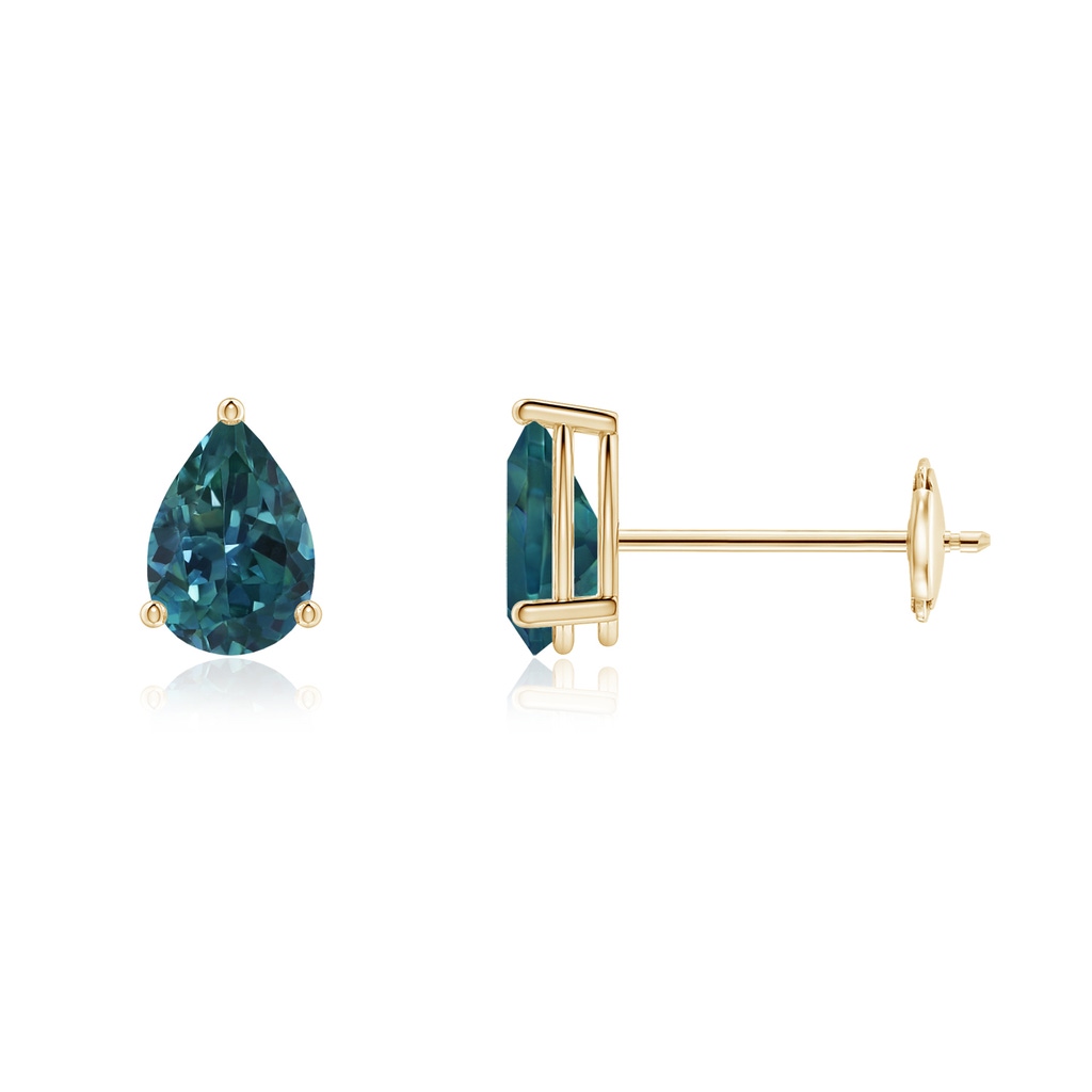 6x4mm AAA Pear-Shaped Teal Montana Sapphire Stud Earrings in Yellow Gold