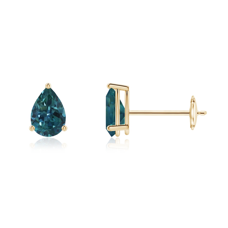 6x4mm AAA Pear-Shaped Teal Montana Sapphire Stud Earrings in Yellow Gold 