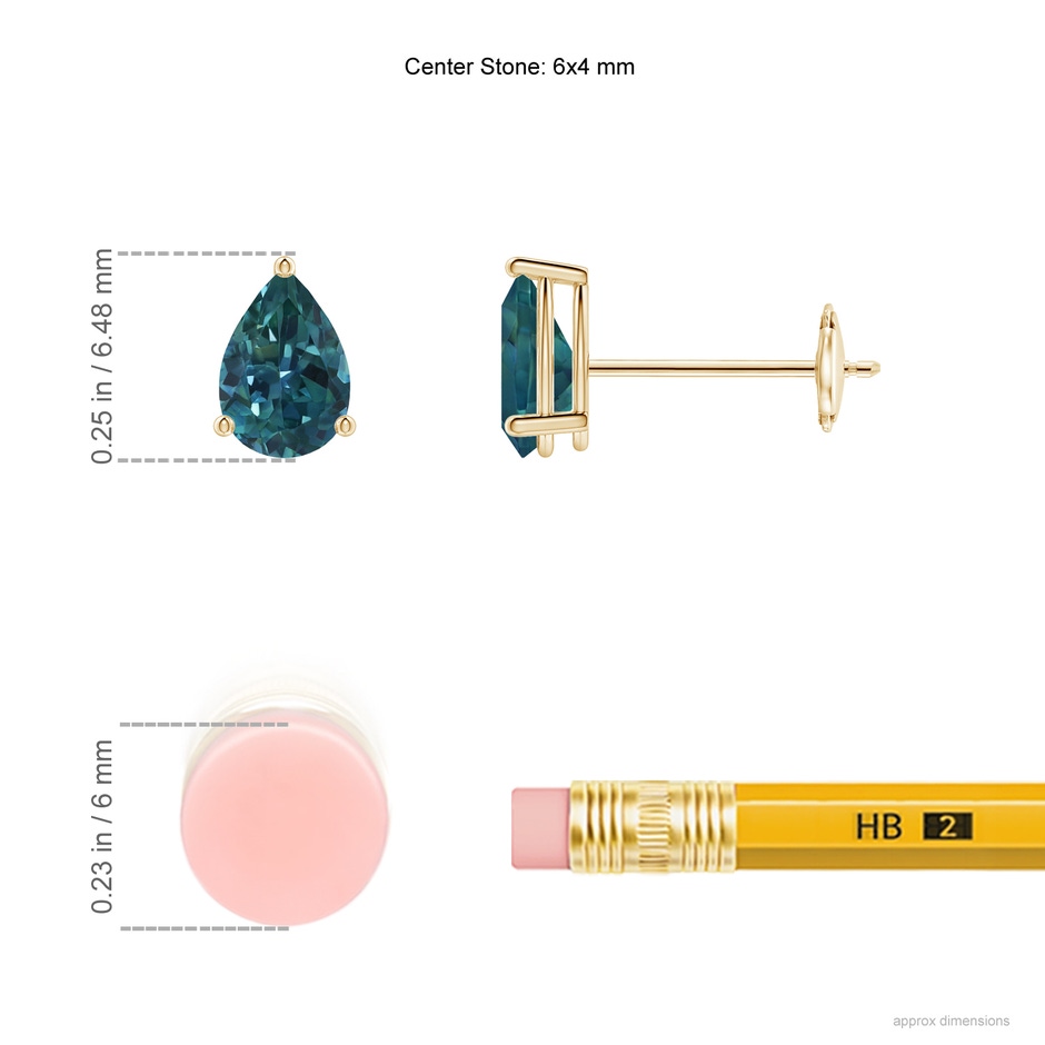 6x4mm AAA Pear-Shaped Teal Montana Sapphire Stud Earrings in Yellow Gold ruler
