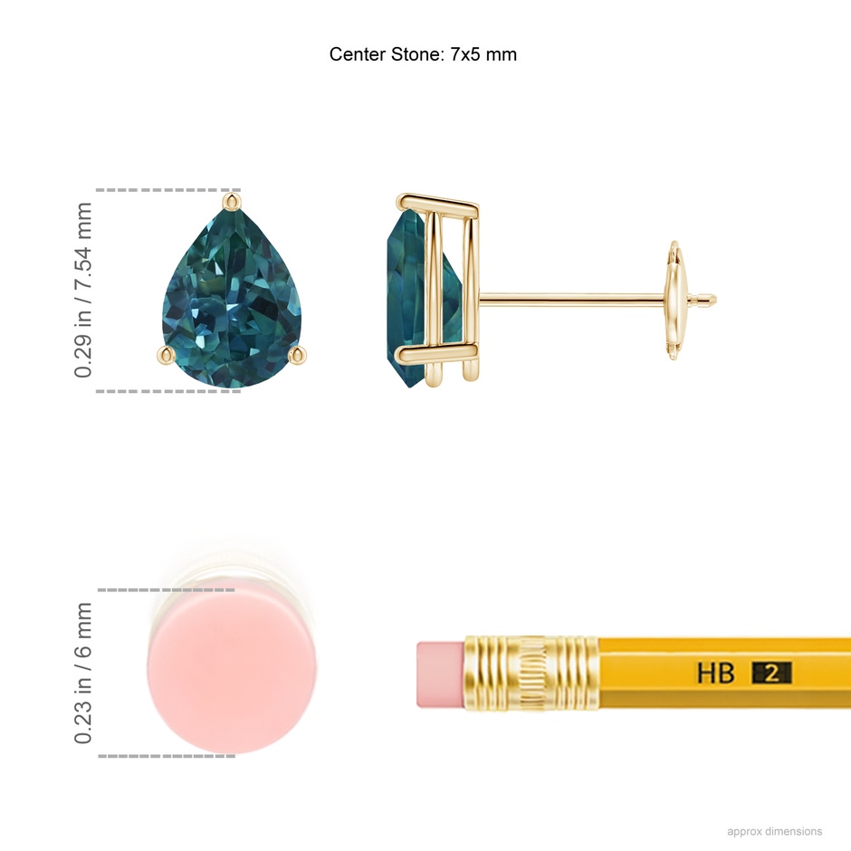 7x5mm AAA Pear-Shaped Teal Montana Sapphire Stud Earrings in 9K Yellow Gold ruler
