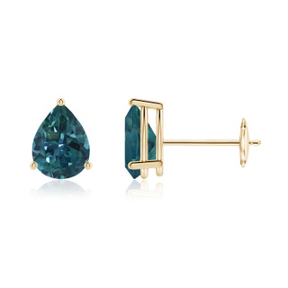 7x5mm AAA Pear-Shaped Teal Montana Sapphire Stud Earrings in Yellow Gold