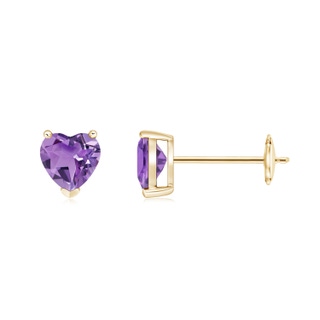 5mm A Amethyst Solitaire Heart Stud Earrings in Yellow Gold