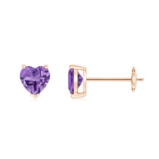 5mm AA Amethyst Solitaire Heart Stud Earrings in Rose Gold