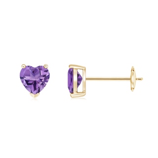 5mm AA Amethyst Solitaire Heart Stud Earrings in Yellow Gold
