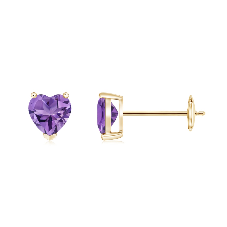 5mm AA Amethyst Solitaire Heart Stud Earrings in Yellow Gold 