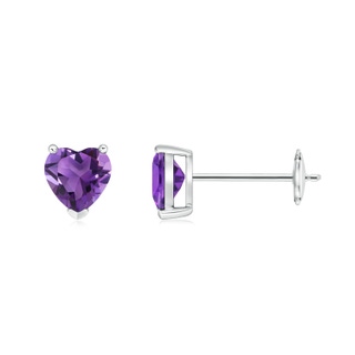 5mm AAA Amethyst Solitaire Heart Stud Earrings in White Gold