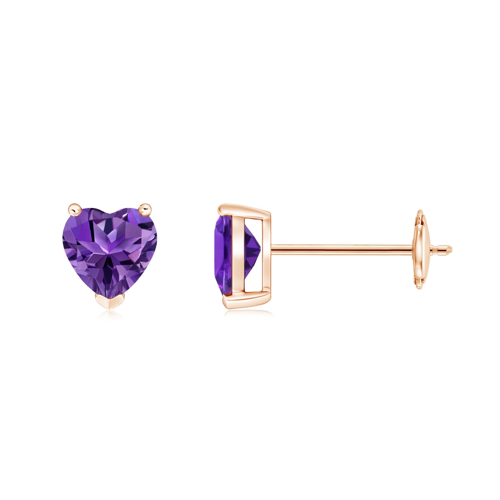 5mm AAAA Amethyst Solitaire Heart Stud Earrings in Rose Gold