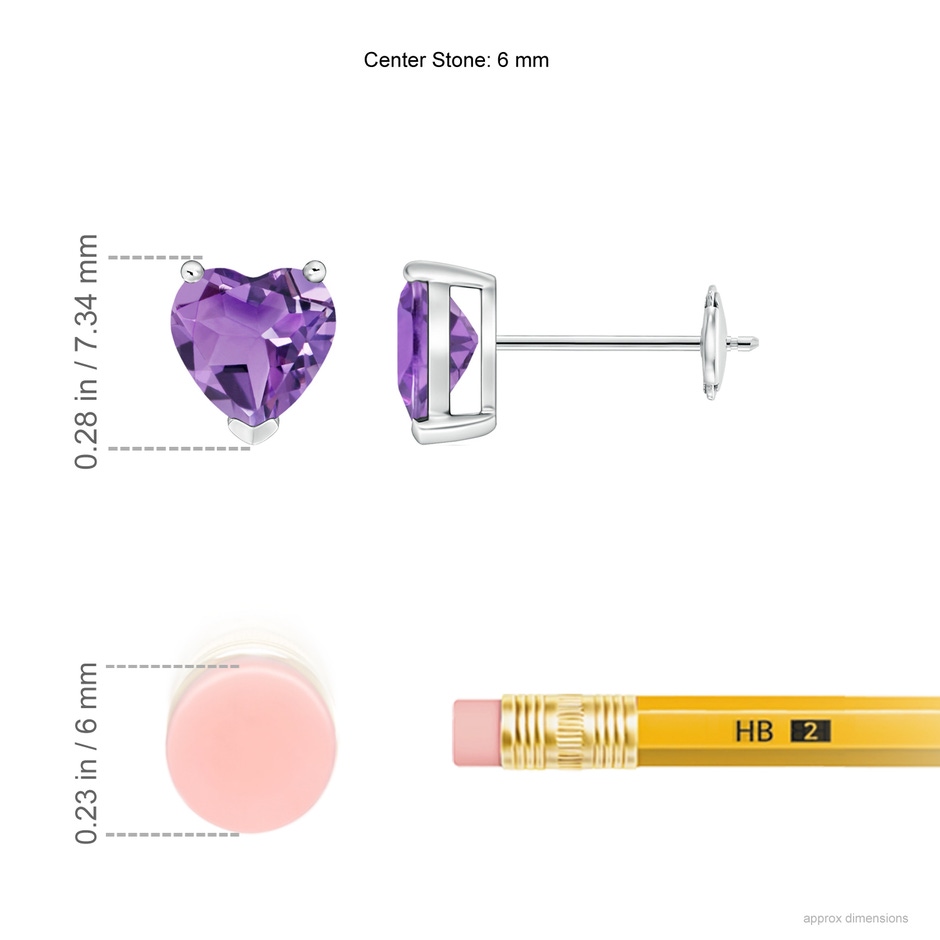 6mm A Amethyst Solitaire Heart Stud Earrings in White Gold ruler