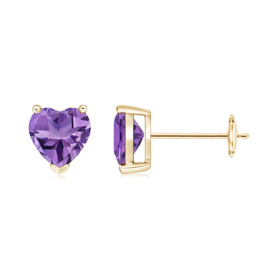 6mm AA Amethyst Solitaire Heart Stud Earrings in Yellow Gold 