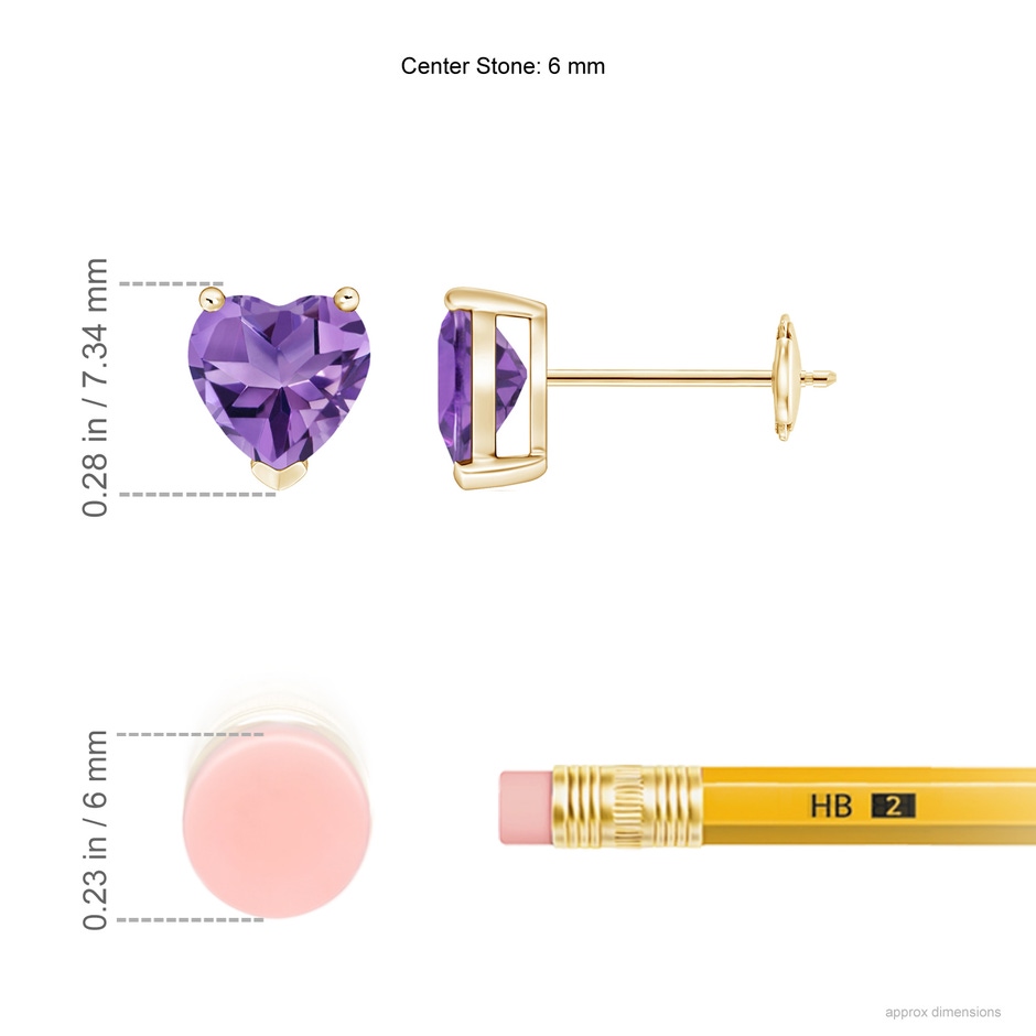 6mm AA Amethyst Solitaire Heart Stud Earrings in Yellow Gold ruler