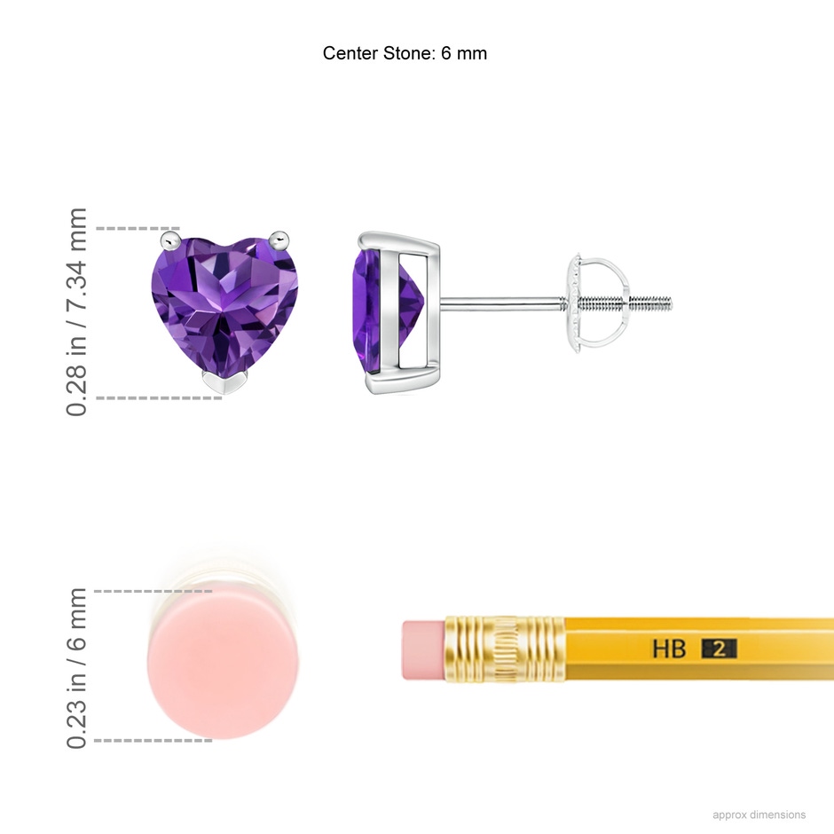 6mm AAAA Amethyst Solitaire Heart Stud Earrings in P950 Platinum ruler