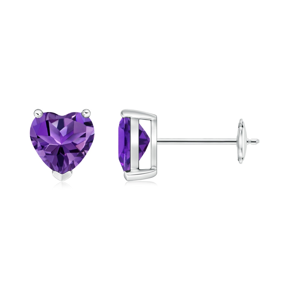 6mm AAAA Amethyst Solitaire Heart Stud Earrings in White Gold 