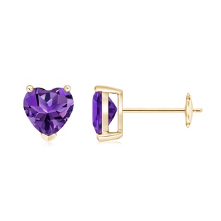 6mm AAAA Amethyst Solitaire Heart Stud Earrings in Yellow Gold