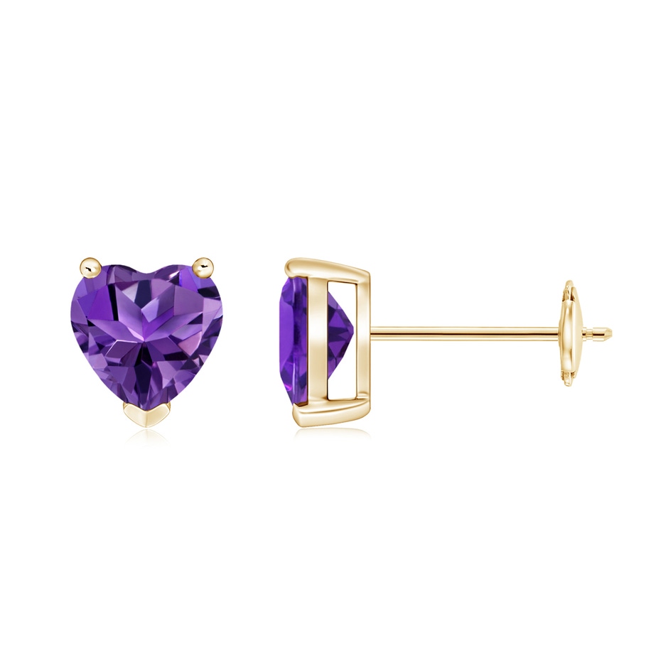 6mm AAAA Amethyst Solitaire Heart Stud Earrings in Yellow Gold 
