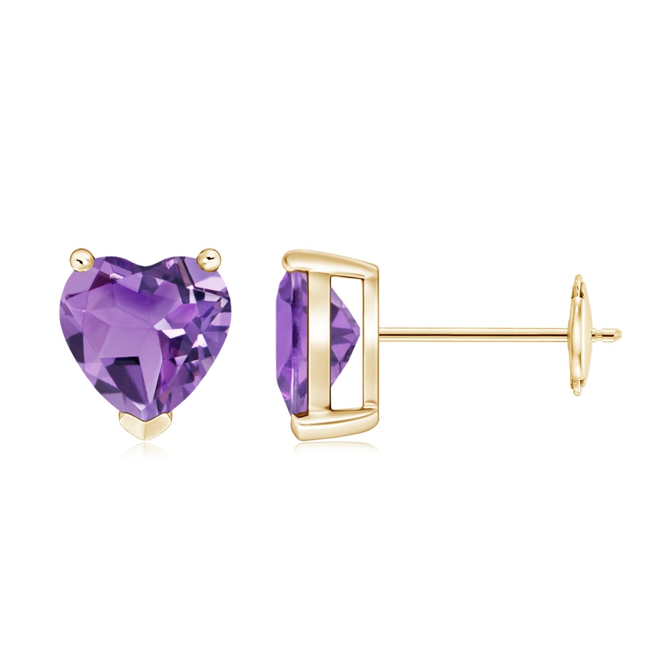7mm A Amethyst Solitaire Heart Stud Earrings in Yellow Gold 