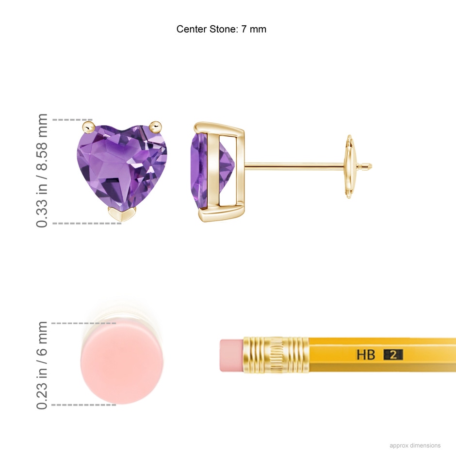 7mm A Amethyst Solitaire Heart Stud Earrings in Yellow Gold ruler