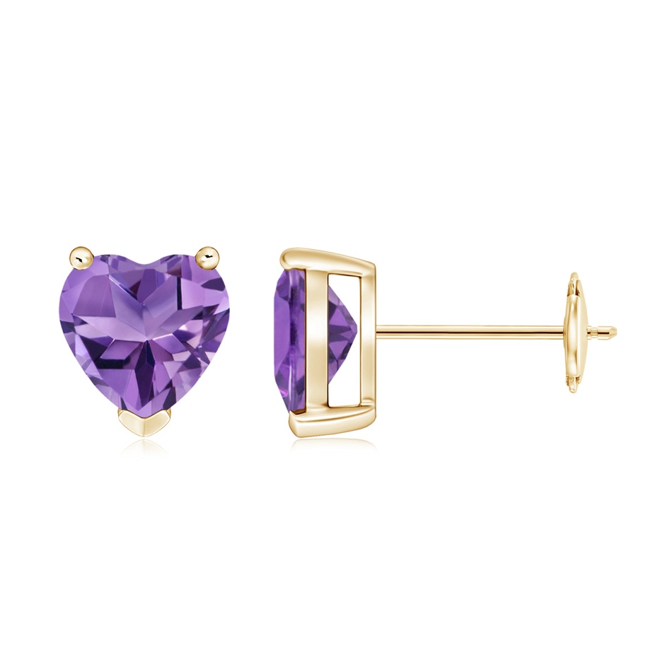 7mm AA Amethyst Solitaire Heart Stud Earrings in Yellow Gold 