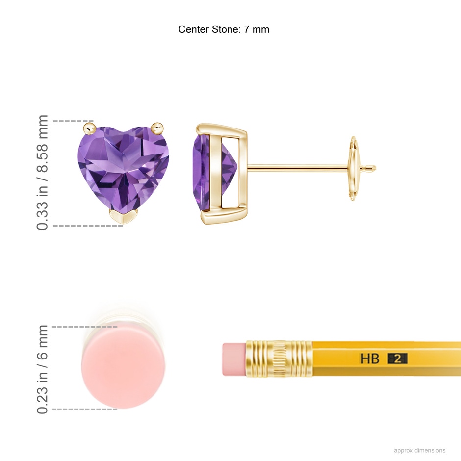 7mm AA Amethyst Solitaire Heart Stud Earrings in Yellow Gold ruler